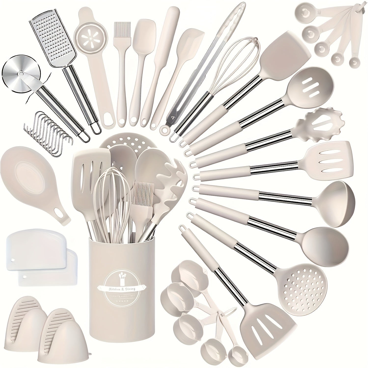 Set of 43 Silicone Kitchen Utensils with Stainless Steel Handles and Storage Bucket