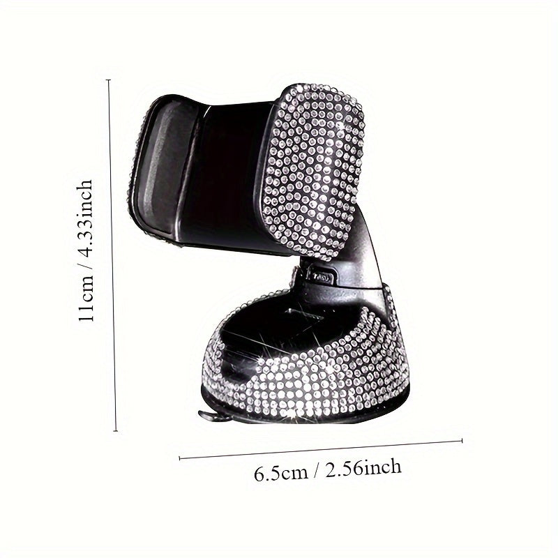 Luxury Rhinestone Car Phone Holder with Rotating Suction Mount for Dashboard and Air Vent