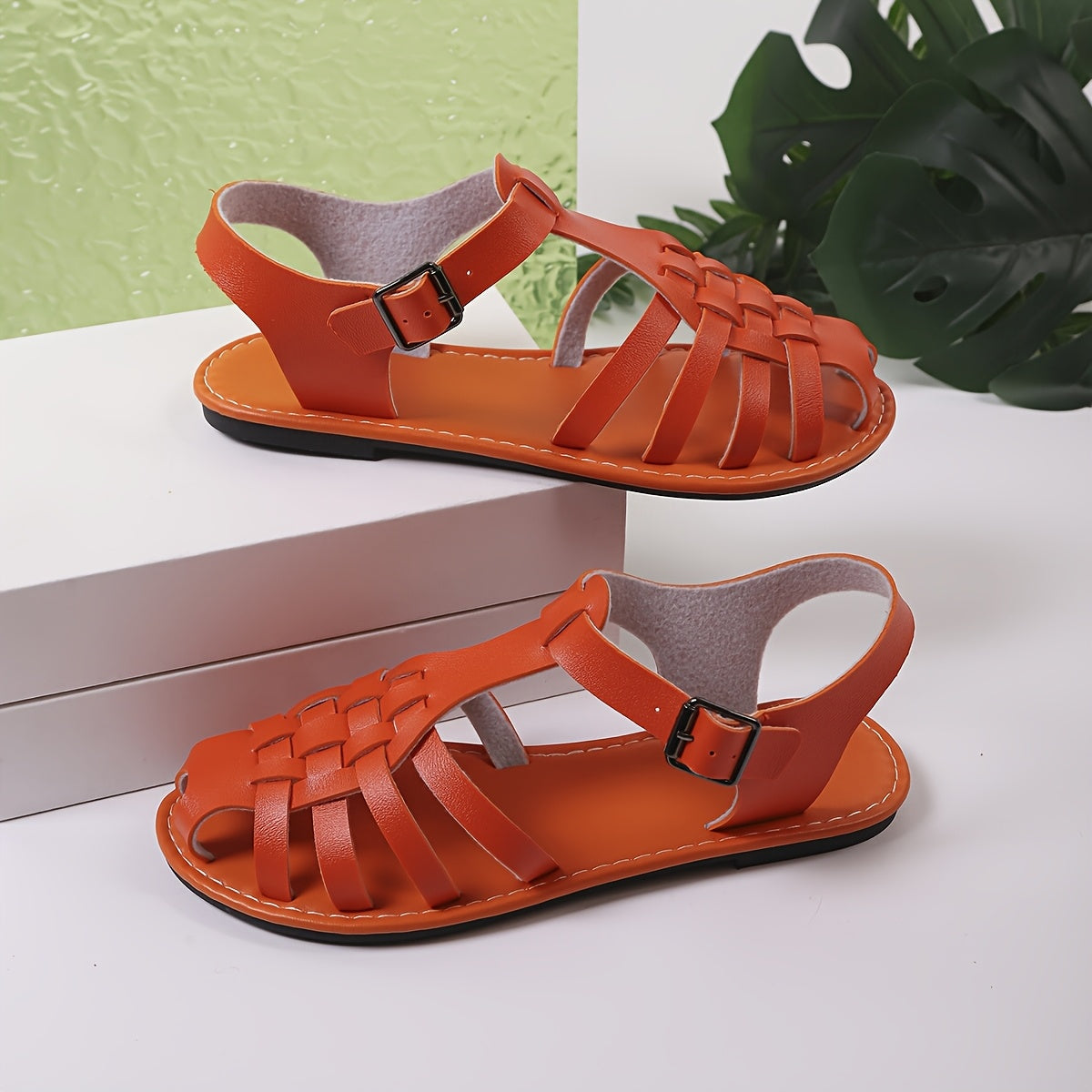 Women's Woven Closed-Toe Roman Sandals Adjustable Buckle Flat Summer Shoes