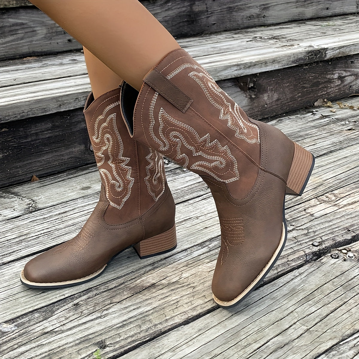 Women's Leather Chunky Heel Boots Square Toe Slip On Fashion Comfortable