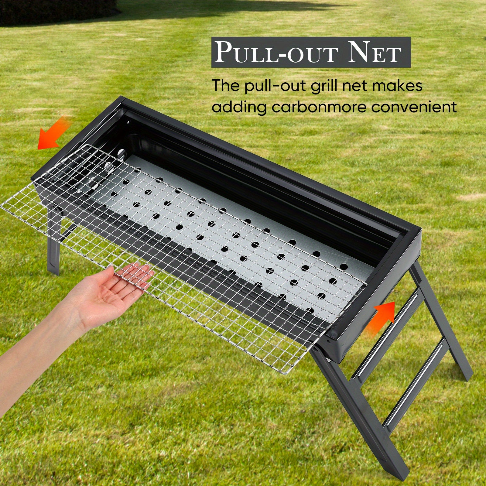 Portable stainless steel foldable charcoal grill with adjustable racks for outdoor cooking camping picnics backyard BBQs kebabs burgers