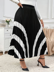 Plus Size Pleated Midi Skirt Geometric Pattern Black White All-Season