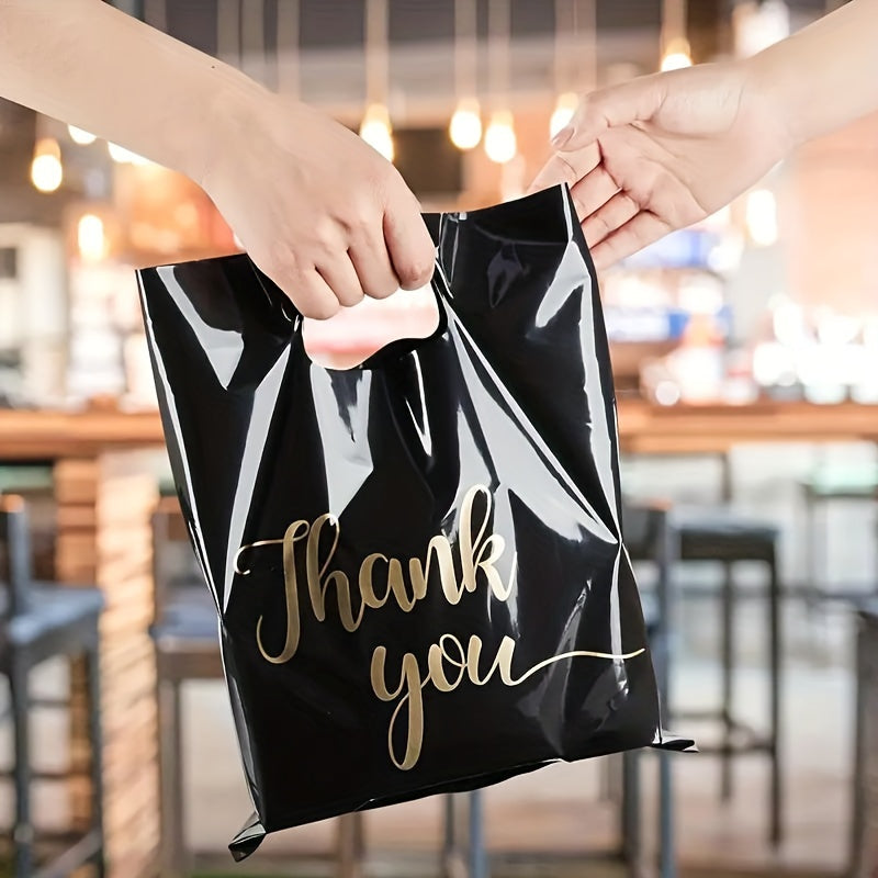100-Pack Black Water-Resistant PE Thank You Bags with Die Cut Handles for Retail and Gifts