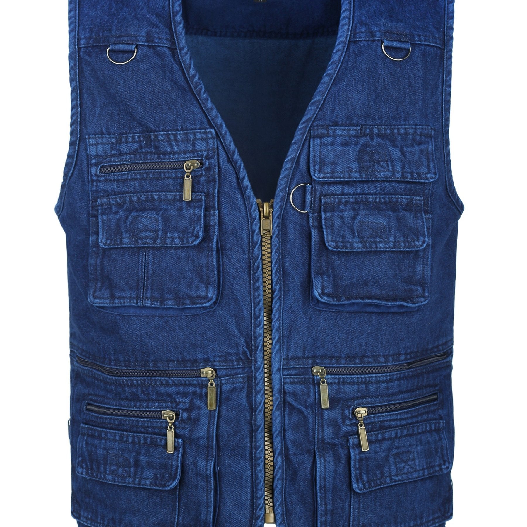 Plus Size Men's Denim Blue Zipper Vest with Multiple Pockets for Outdoor Activities