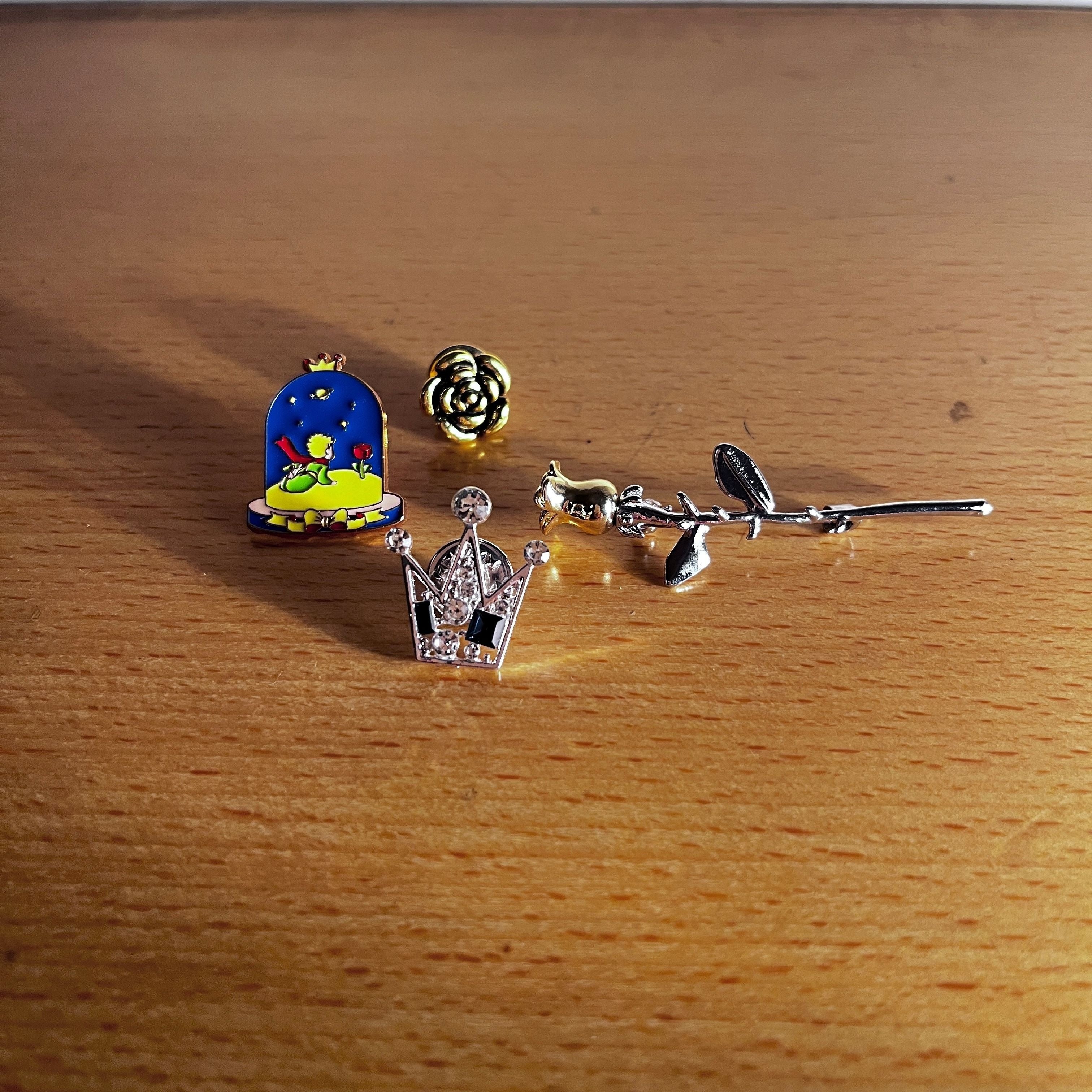 Vintage Alloy Brooch Pins Set with Crown Rose and Cartoon Flower Design