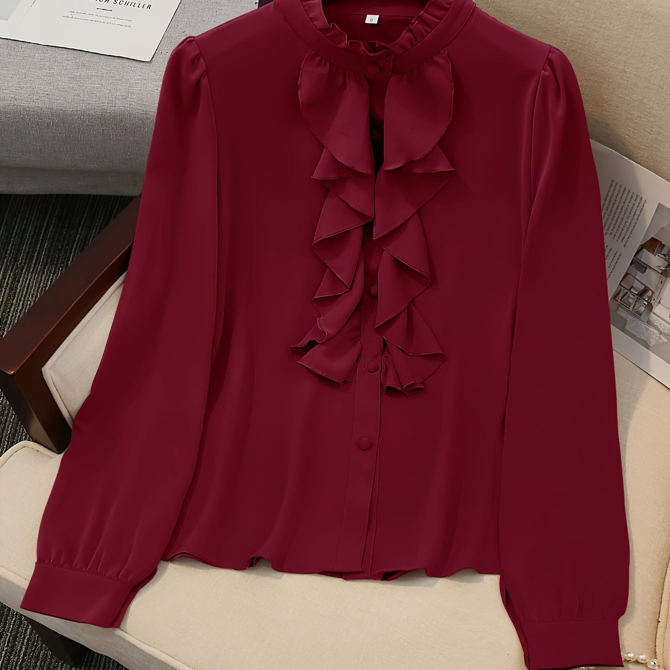 Blusa de mujer con volante, botones en la parte delantera, manga larga, poliéster sólido para primavera y otoño