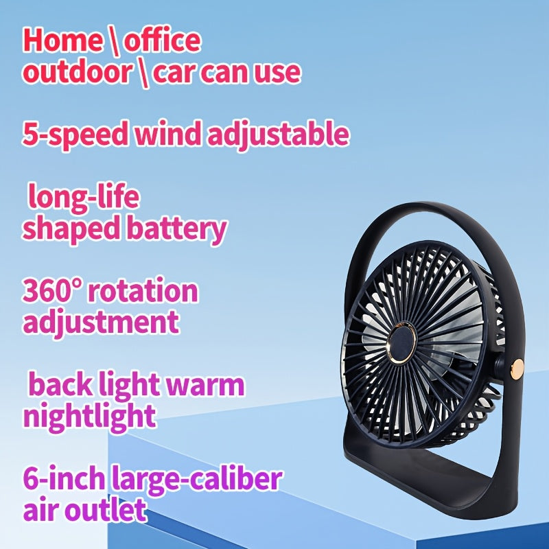 Compact 6-Inch LED Table Fan with Backlight Rechargeable USB Battery for Office Camping Travel