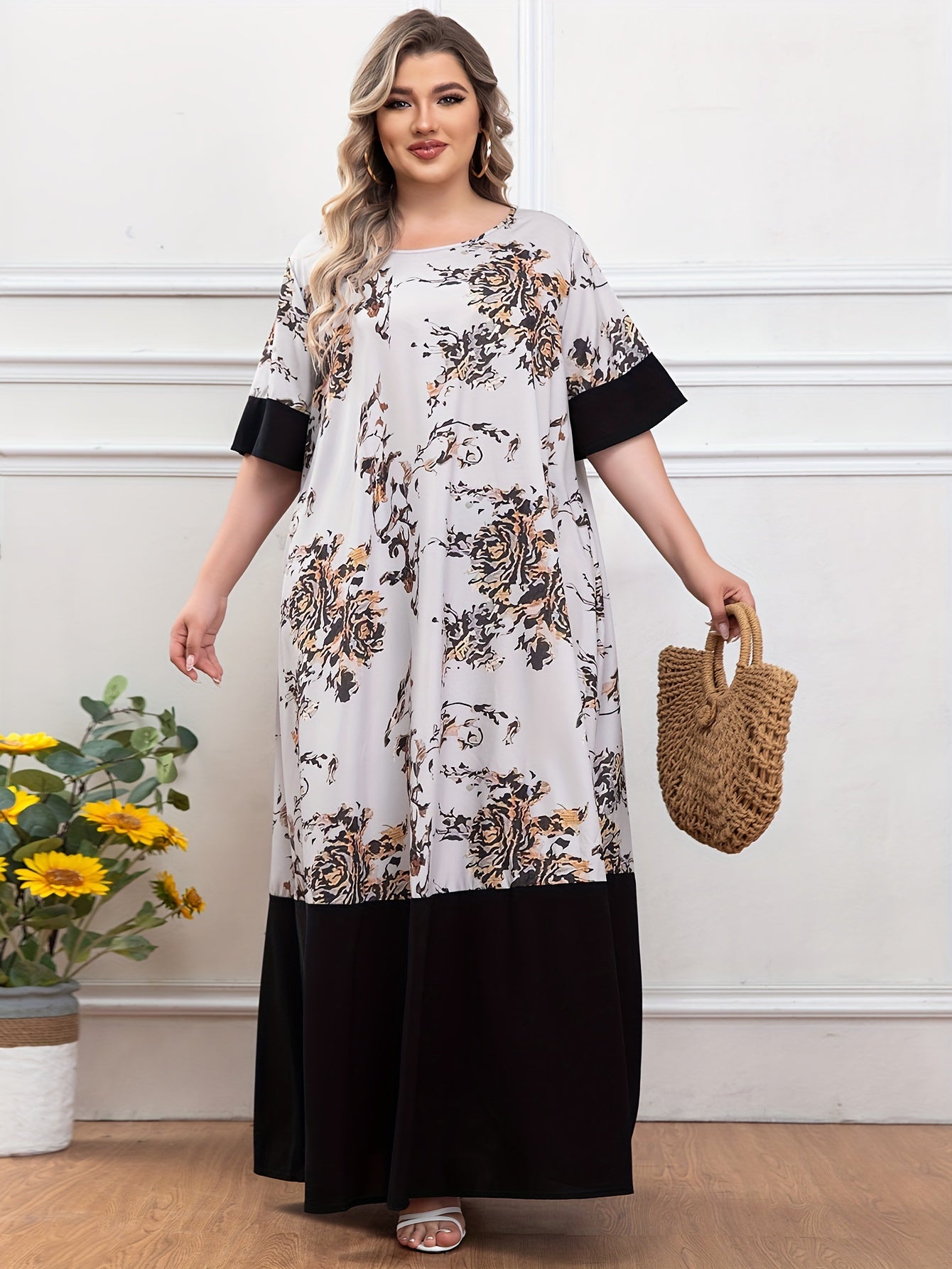 Plus Size Floral Print Dress Short Sleeve Crew Neck Longline Summer Women's Clothing
