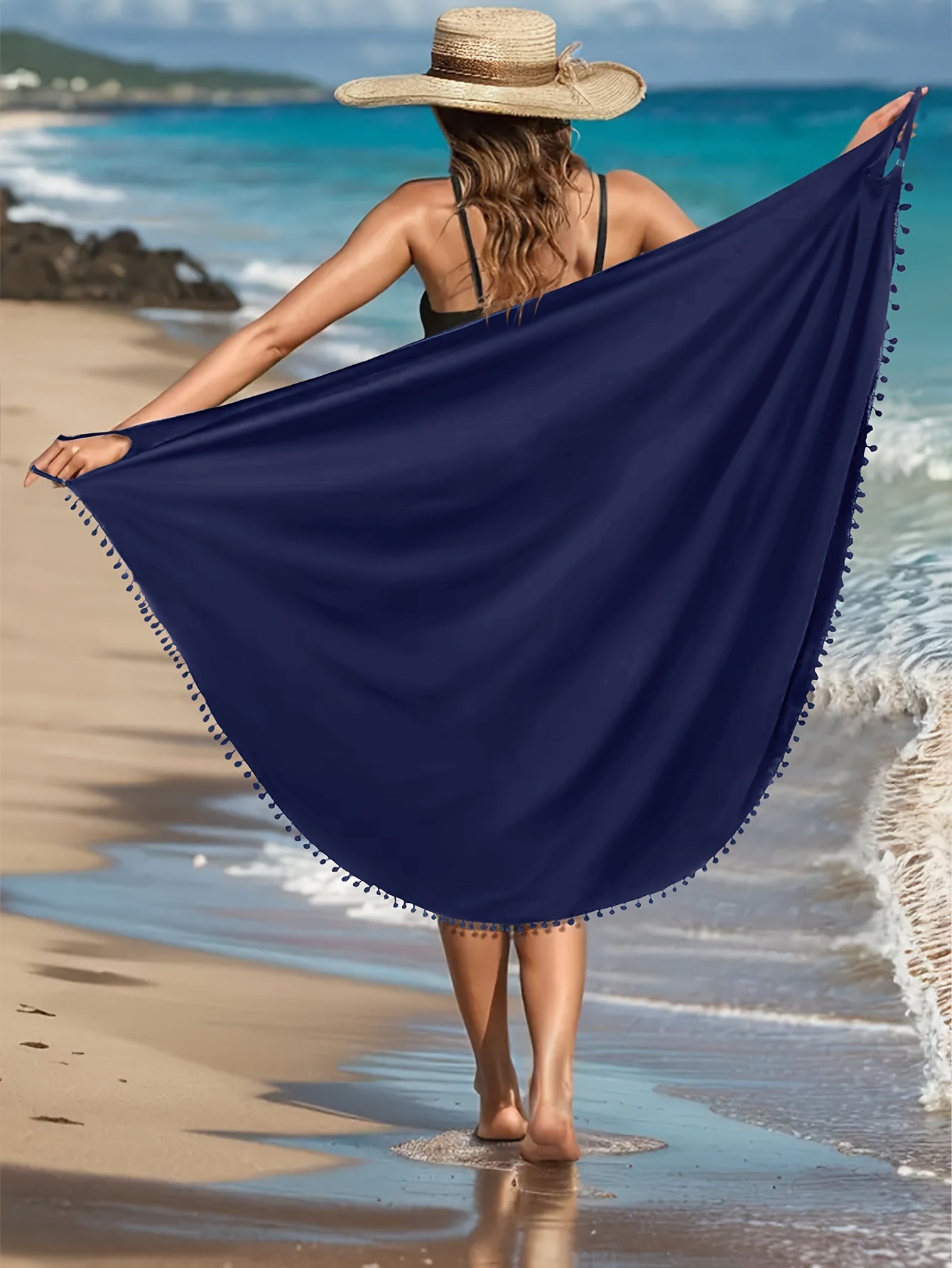Maxi Beach Cover-Up Dress with Pom-Pom Decor V-Neck Backless Wrap Hem for Women