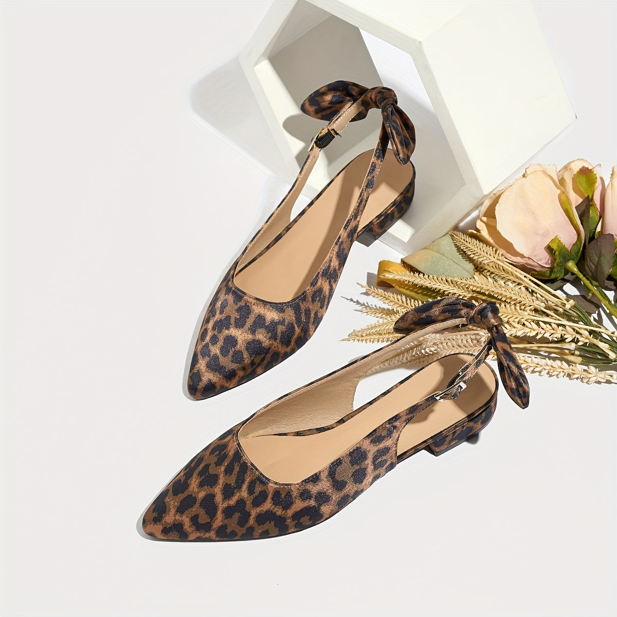 Women's Leopard Print Slingback Sandals with Bowknot, Pointed Toe, Low Heel