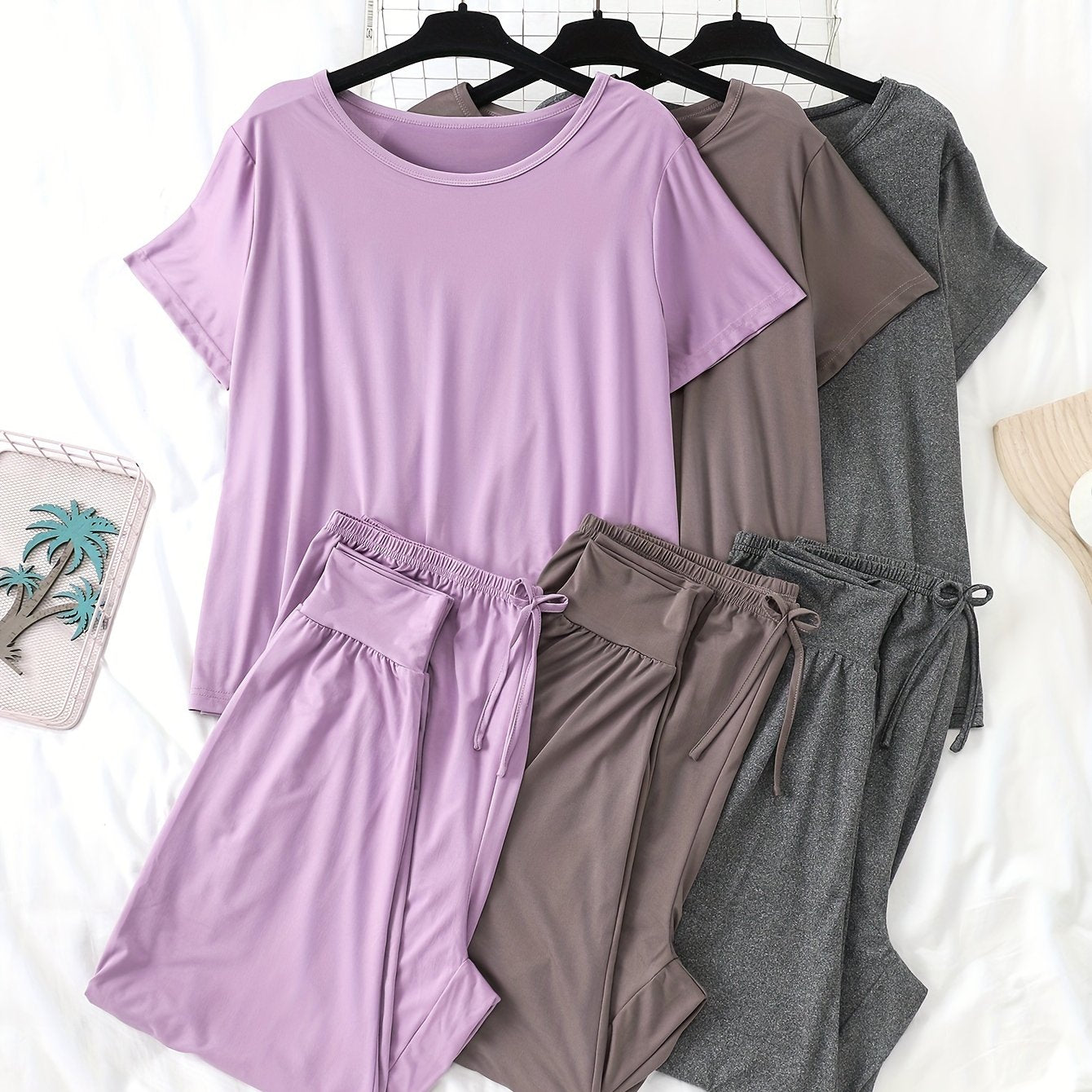 Adult Short Sleeve Leggings Set Polyester Solid Color Knit Spring Summer Casual Loungewear