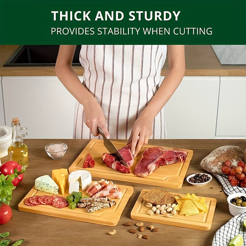 Set of 3 Bamboo Cutting Boards with Juice Grooves and Handles for Kitchen