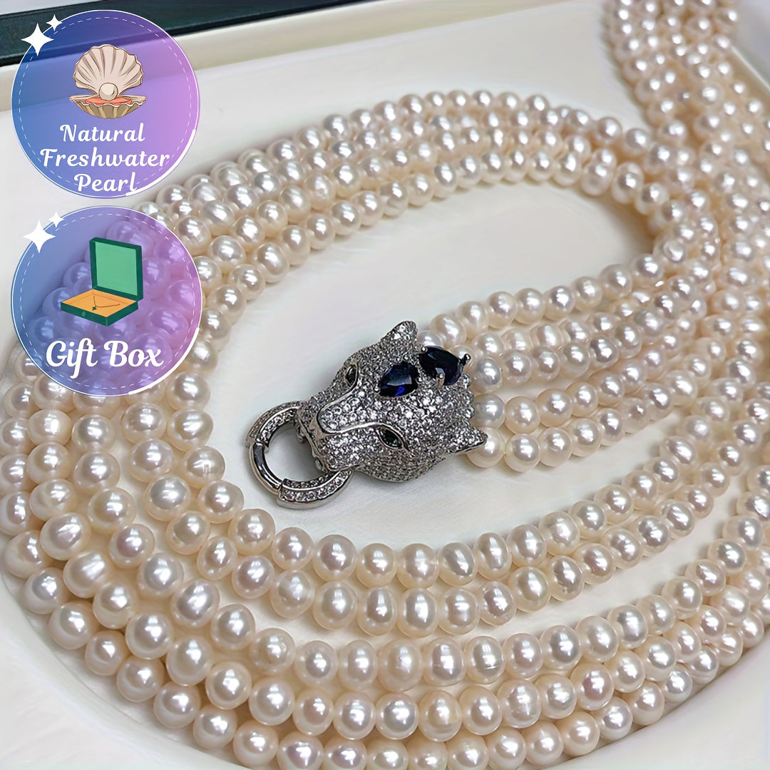 Multi-Layered Freshwater Pearl Necklace with Leopard Head Clasp White Statement Jewelry