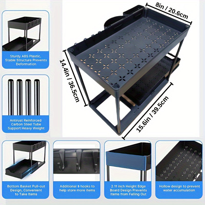 Organizador de dos niveles bajo el fregadero con ganchos para cestas deslizantes y cajón grande