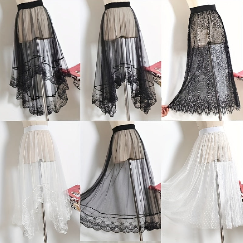 Victorian Gothic Sheer Tulle Skirt with Lace Petticoat for Women
