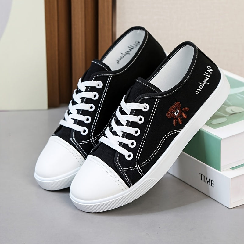 Women's Black White Cartoon Bear Lace-Up Sneakers Low-Top Casual Shoes