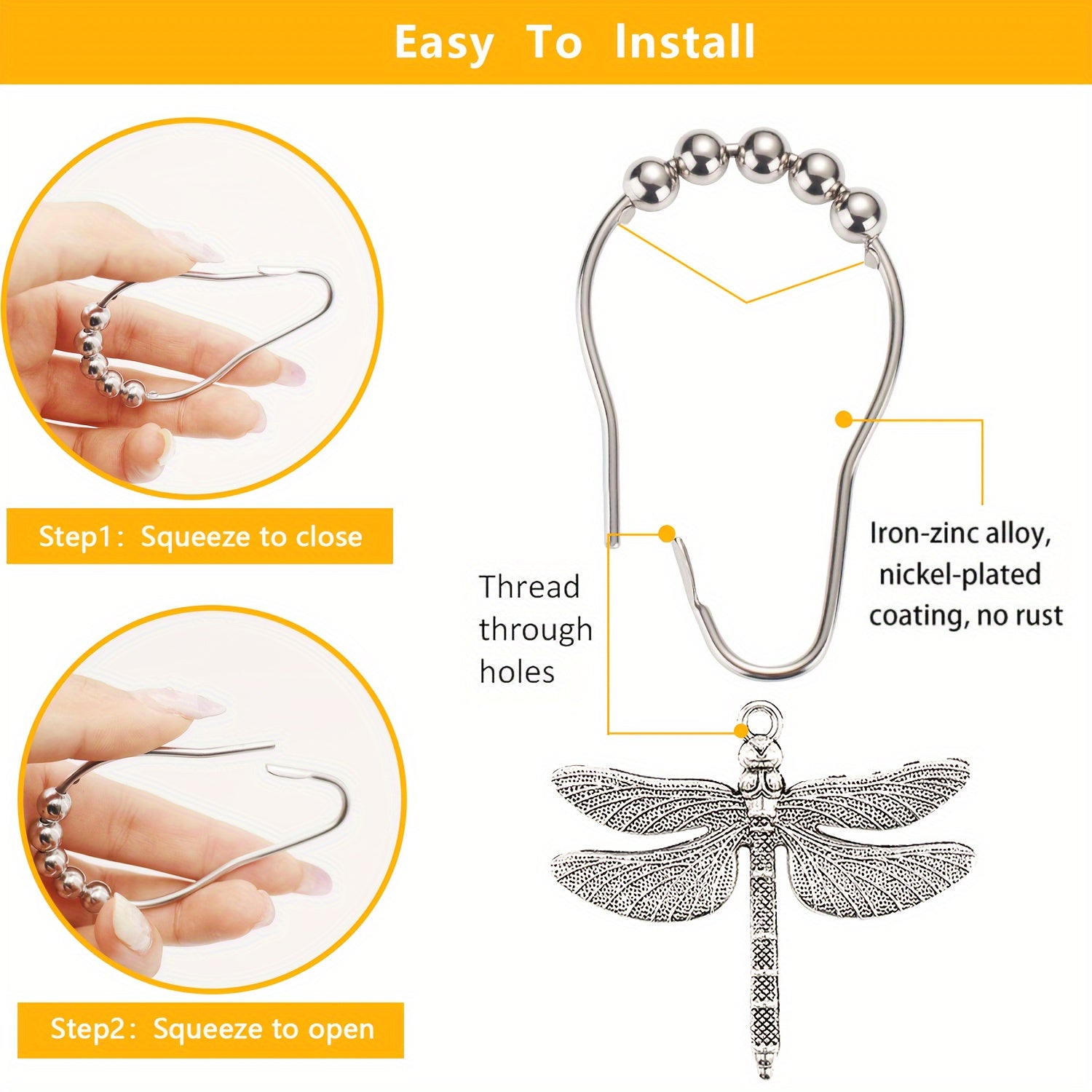 Set of 12 Dragonfly Shower Curtain Hooks Rustproof Metal Pearl Accents Waterproof Durable