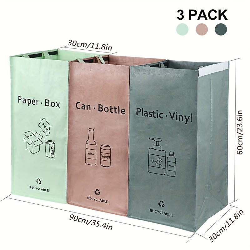 Set of 3 Reusable Recycling Bins Waterproof Plastic Waste Sorter Kitchen Office