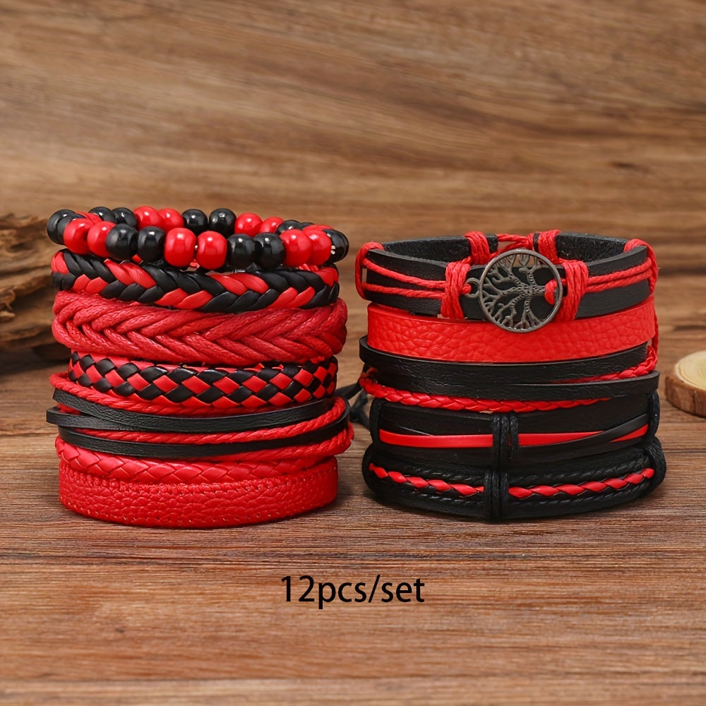 Set of 10 Multi-Layer Woven Bracelets with Peace Tree Design in Black PU Leather