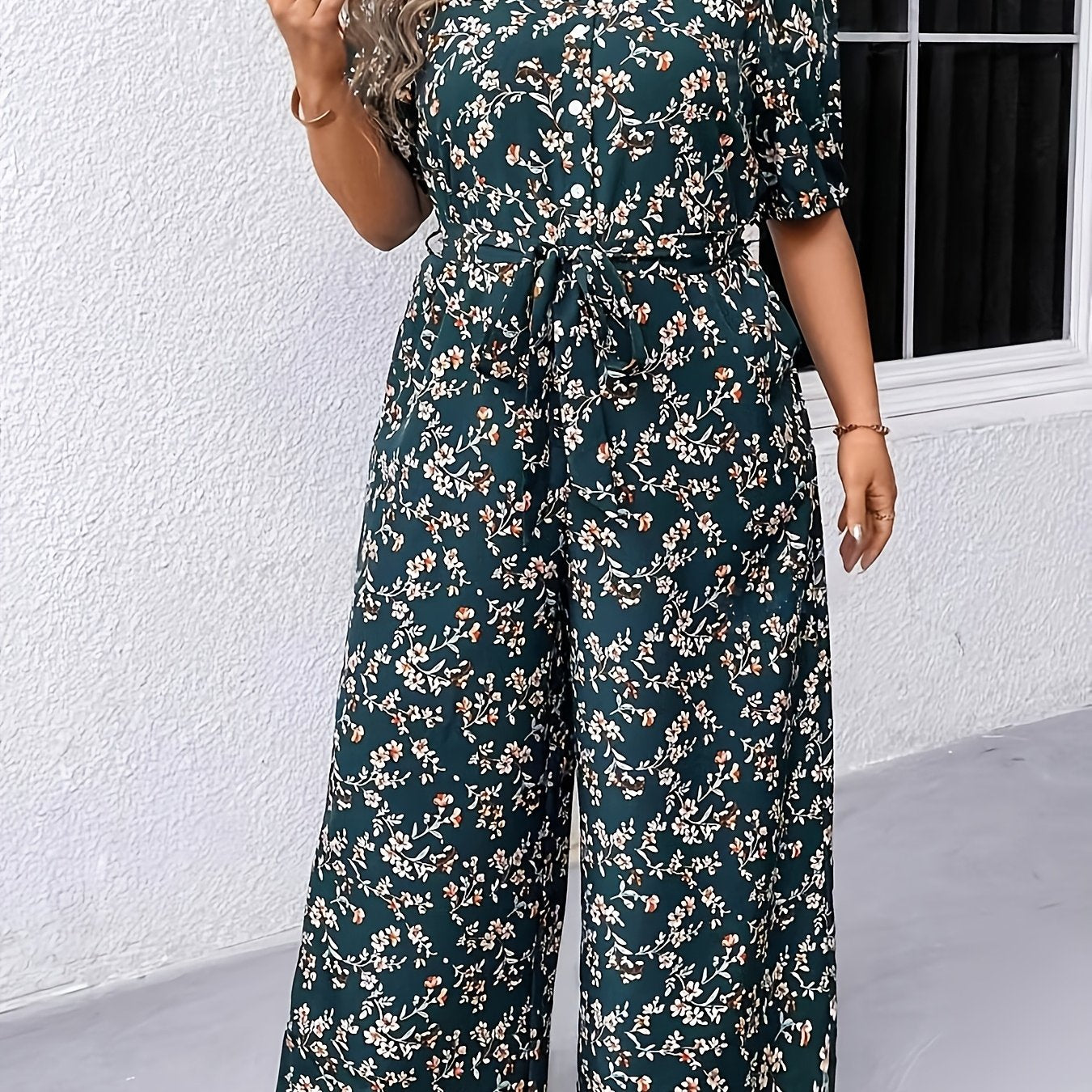 Women's Floral Print Short Sleeve Jumpsuit Polyester Belted Waist
