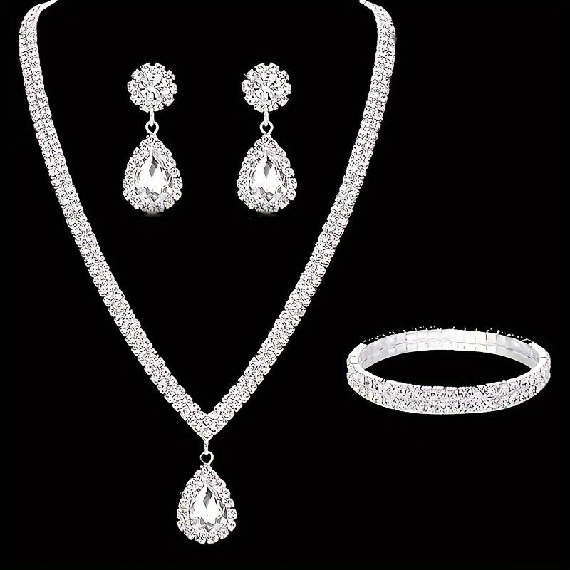 Silver Plated Copper Jewelry Set with Rhinestone Teardrop Earrings Necklace Bracelet for Women