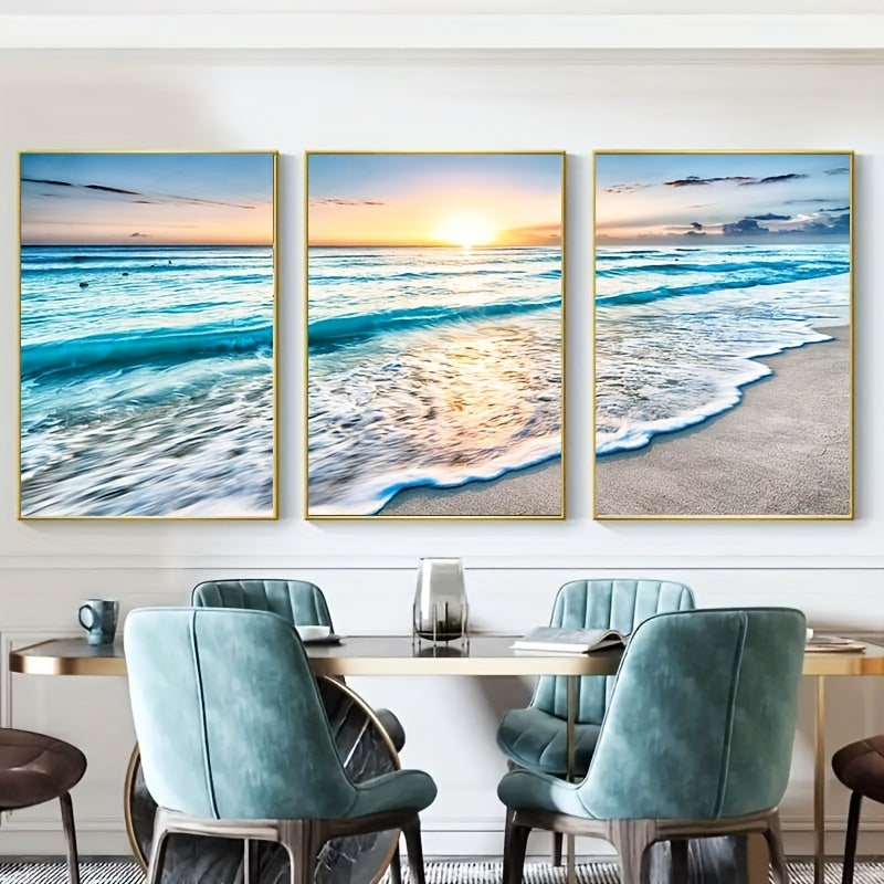 Modern Wave Beach Sunset Canvas Wall Art Set 3 Pieces Frameless Portrait Indoor Decor