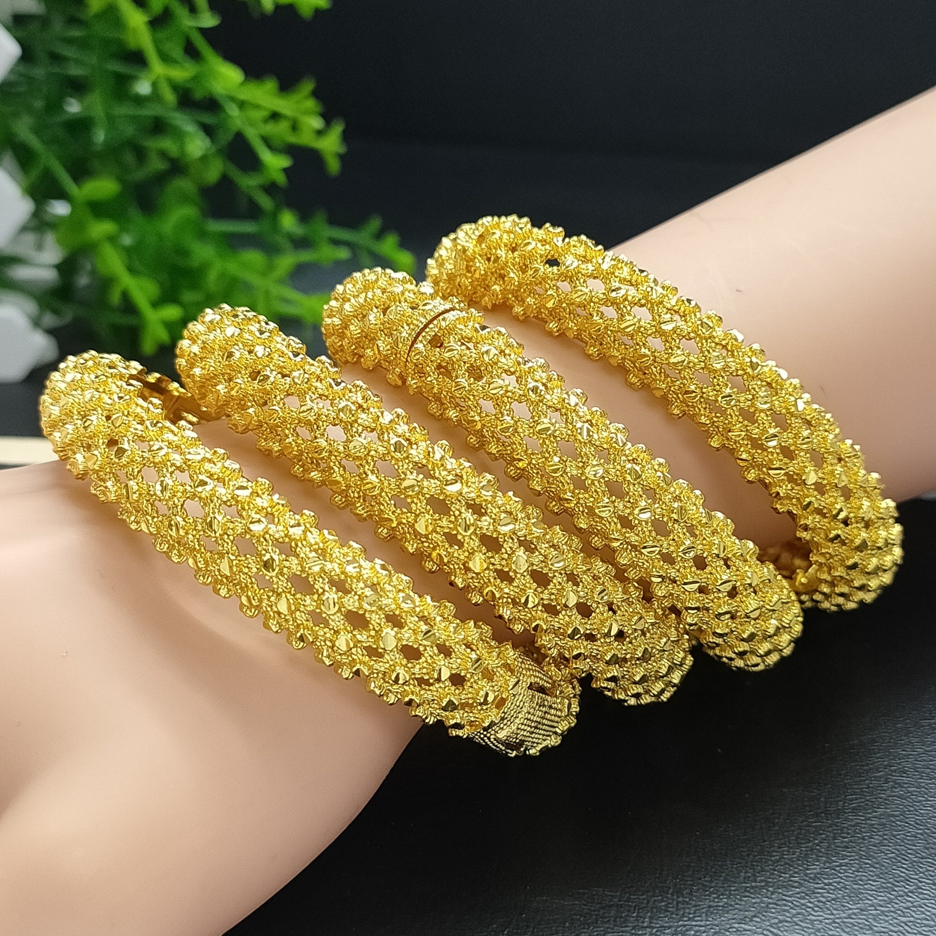 Set of 4 Women's Carved Silver Bangle Bracelets for Wedding and Gift