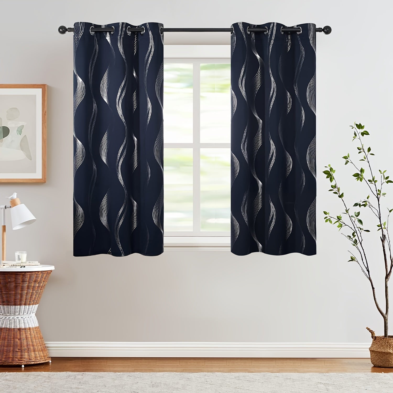 Contemporary Blackout Curtains 2 Pieces Woven Polyester Grommet Top Room Darkening