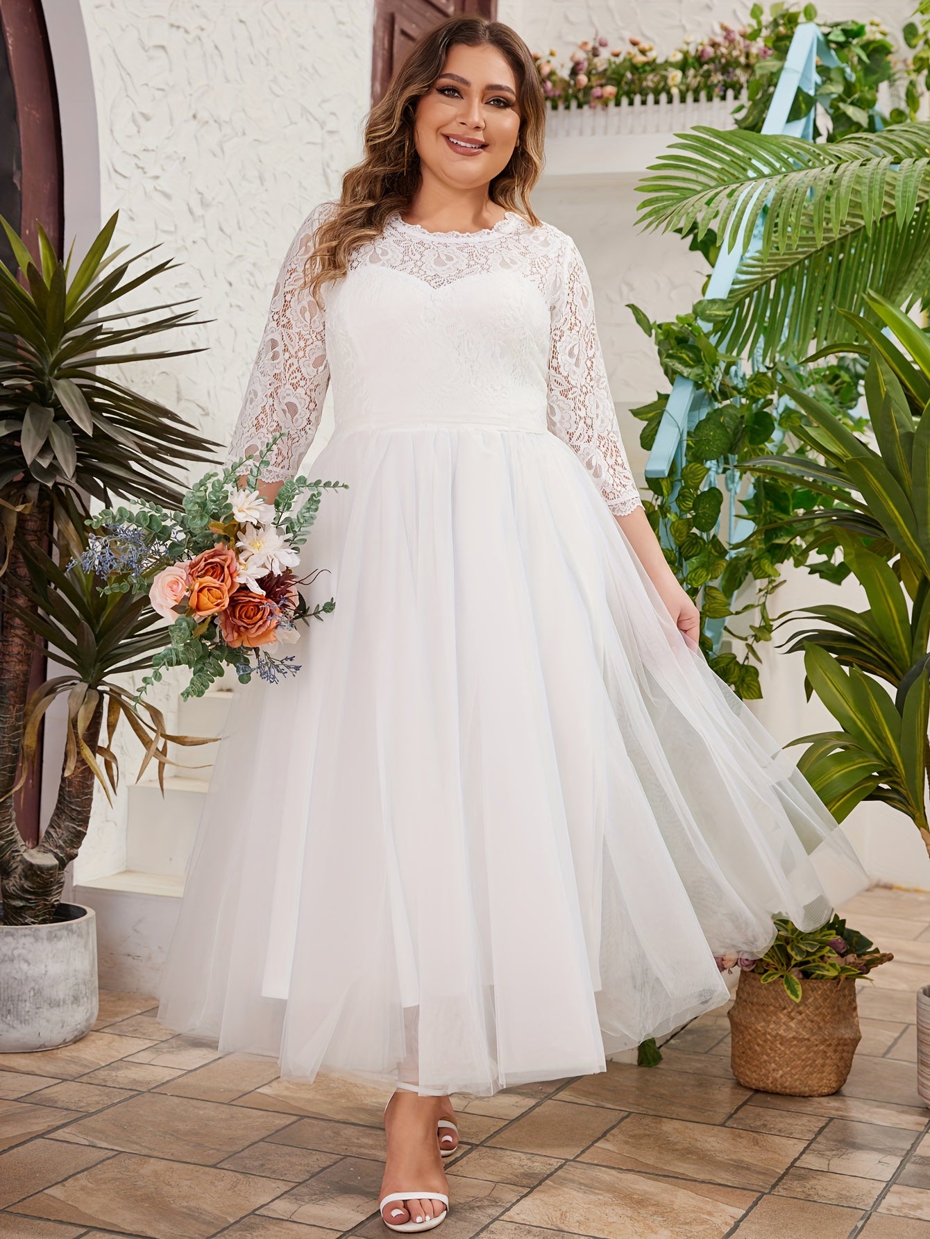 Plus Size Wedding Dress with Lace Trim A-Line Gown Long Sleeve Tulle Overlay
