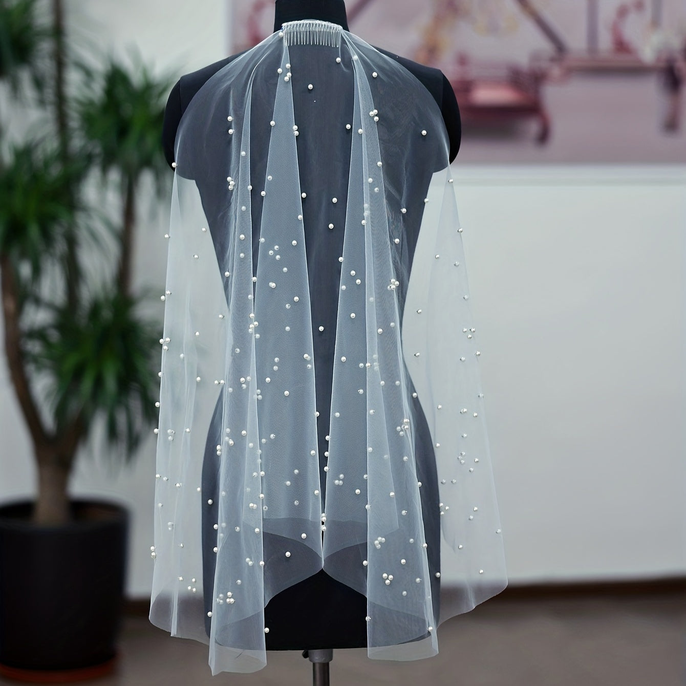 White Baroque Wedding Veil with Faux Pearls Mesh Headdress and Hair Comb