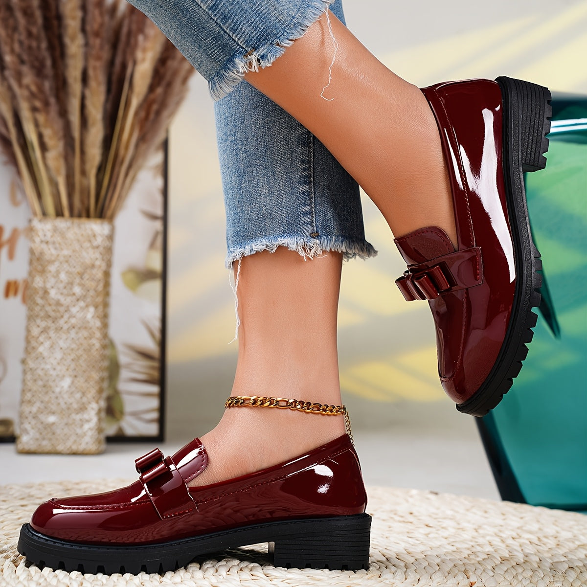 Women's Brown Glossy Bow Slip-On Loafers with Rubber Sole for All-Season Comfort