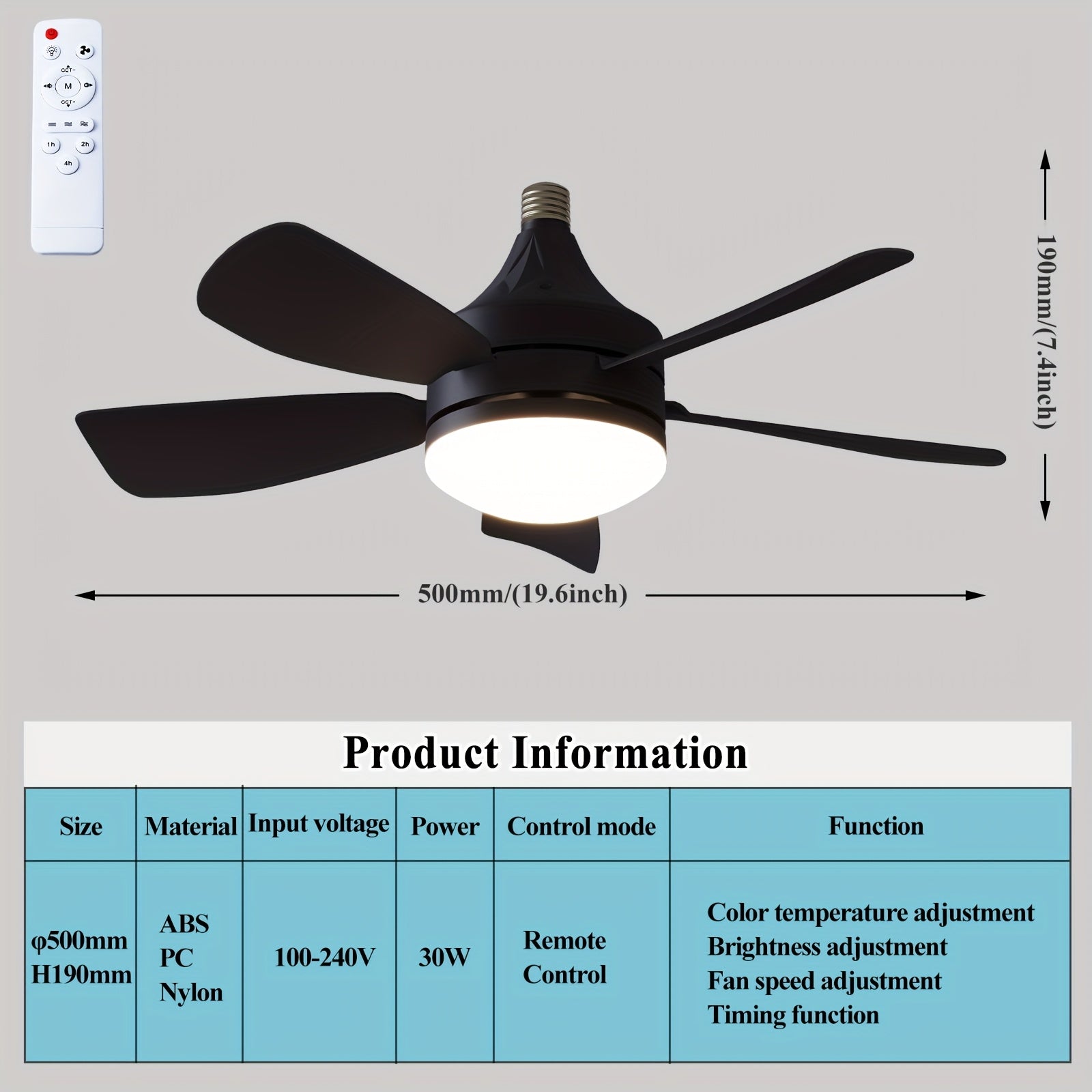 49.78cm Ceiling Fan with Light Remote Control Timer 3 Speeds 3 Color LED for Bedroom Kitchen Living Room