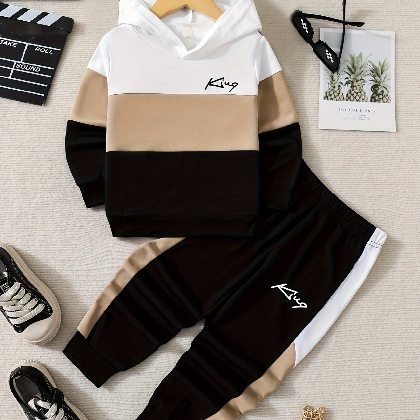 2pcs Boys Hooded Outfit Set with King Print Colorblock Stitching Fall Winter Outdoor Wear