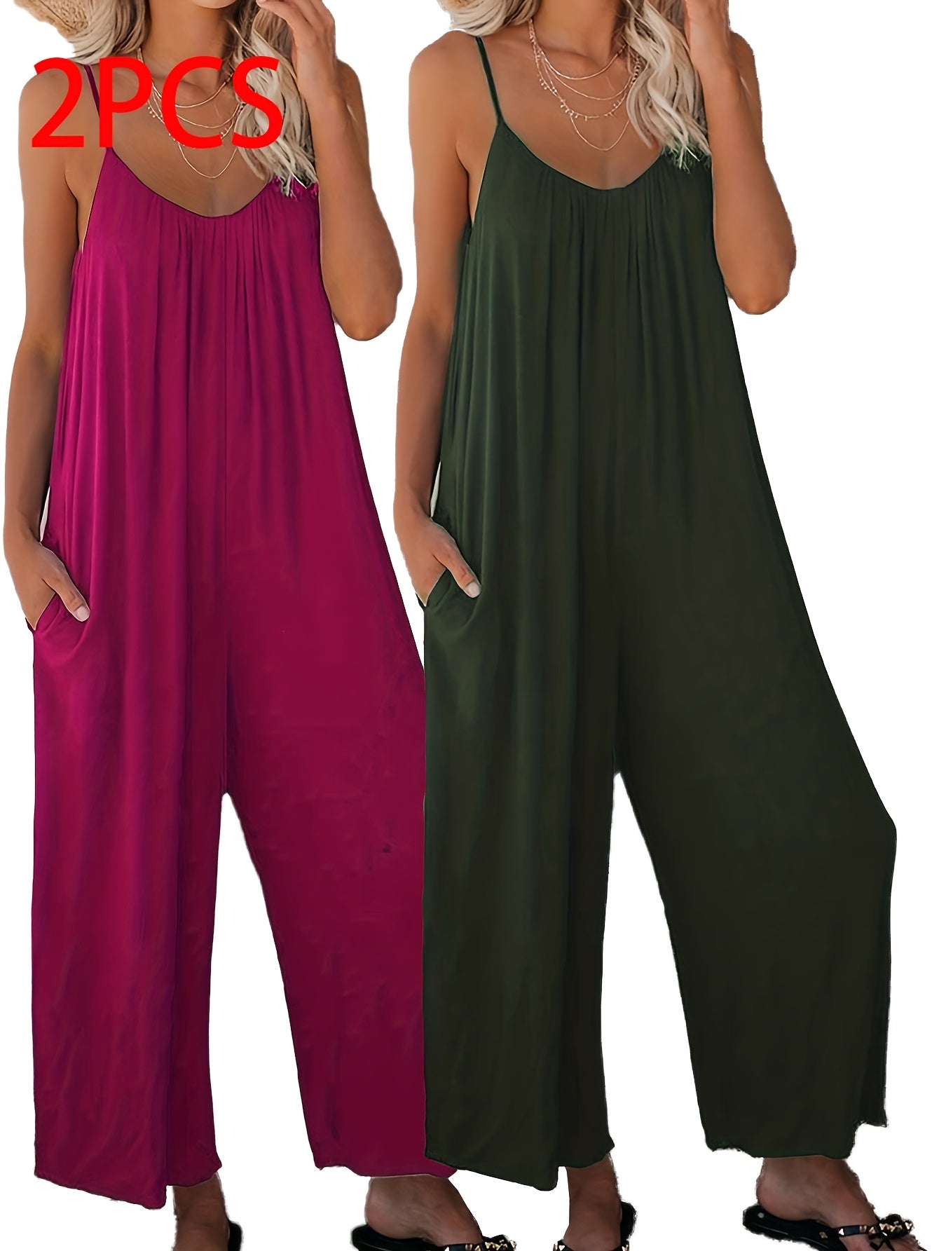 Women's Sleeveless Jumpsuits Organic Cotton Wide-Leg Rompers with Pockets