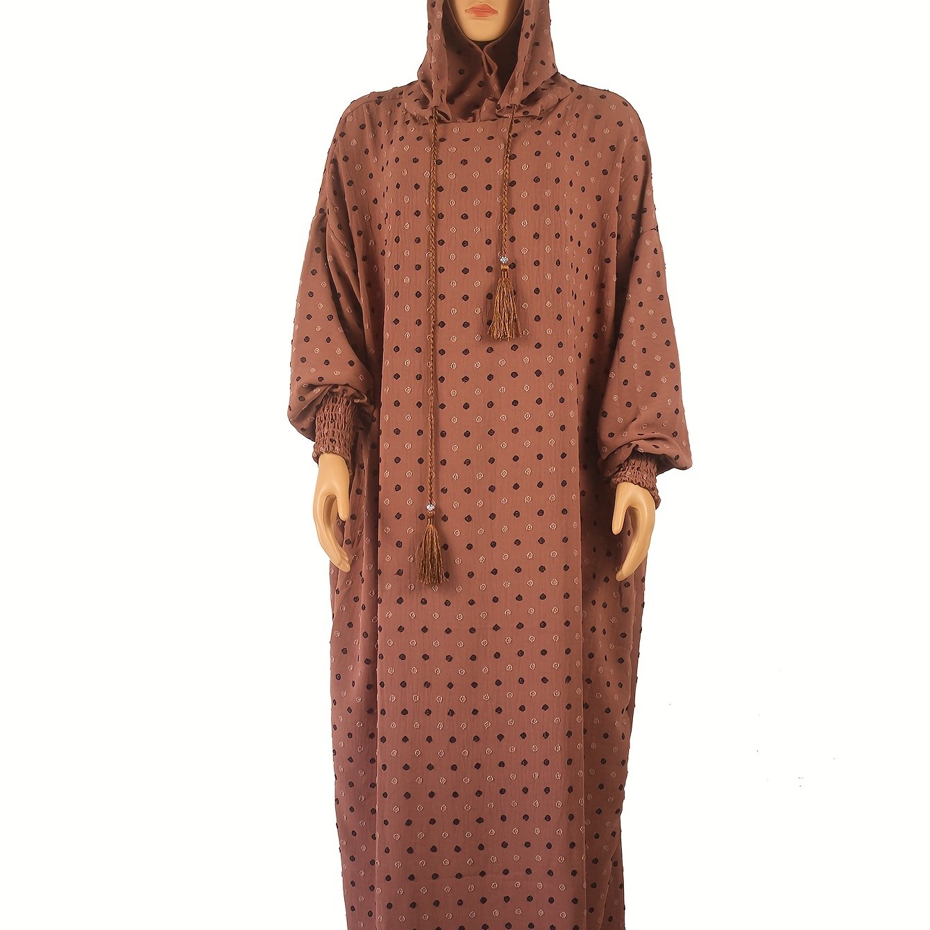 Plus Size Abaya Dress Polka Dot Hood Lantern Sleeves Long Turkish Robe