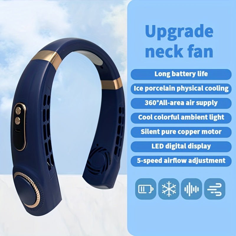 Noiseless Portable Neck Fan with LED Lights, 5-Speed Cooling, Rechargeable
