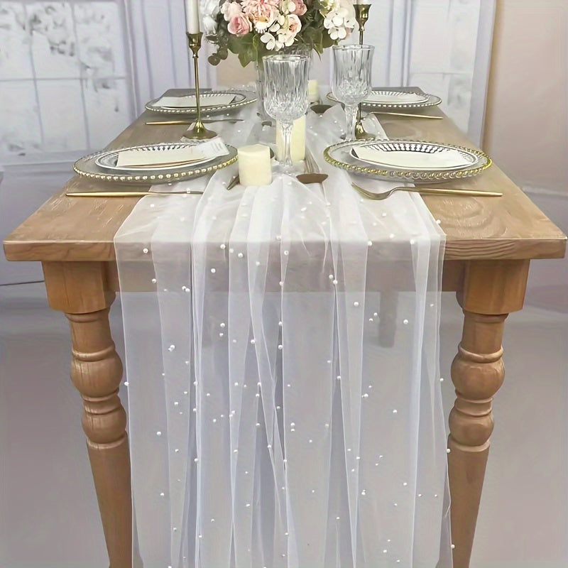 Pearl Bead Tulle Table Runner for Weddings and Parties 72 Inches