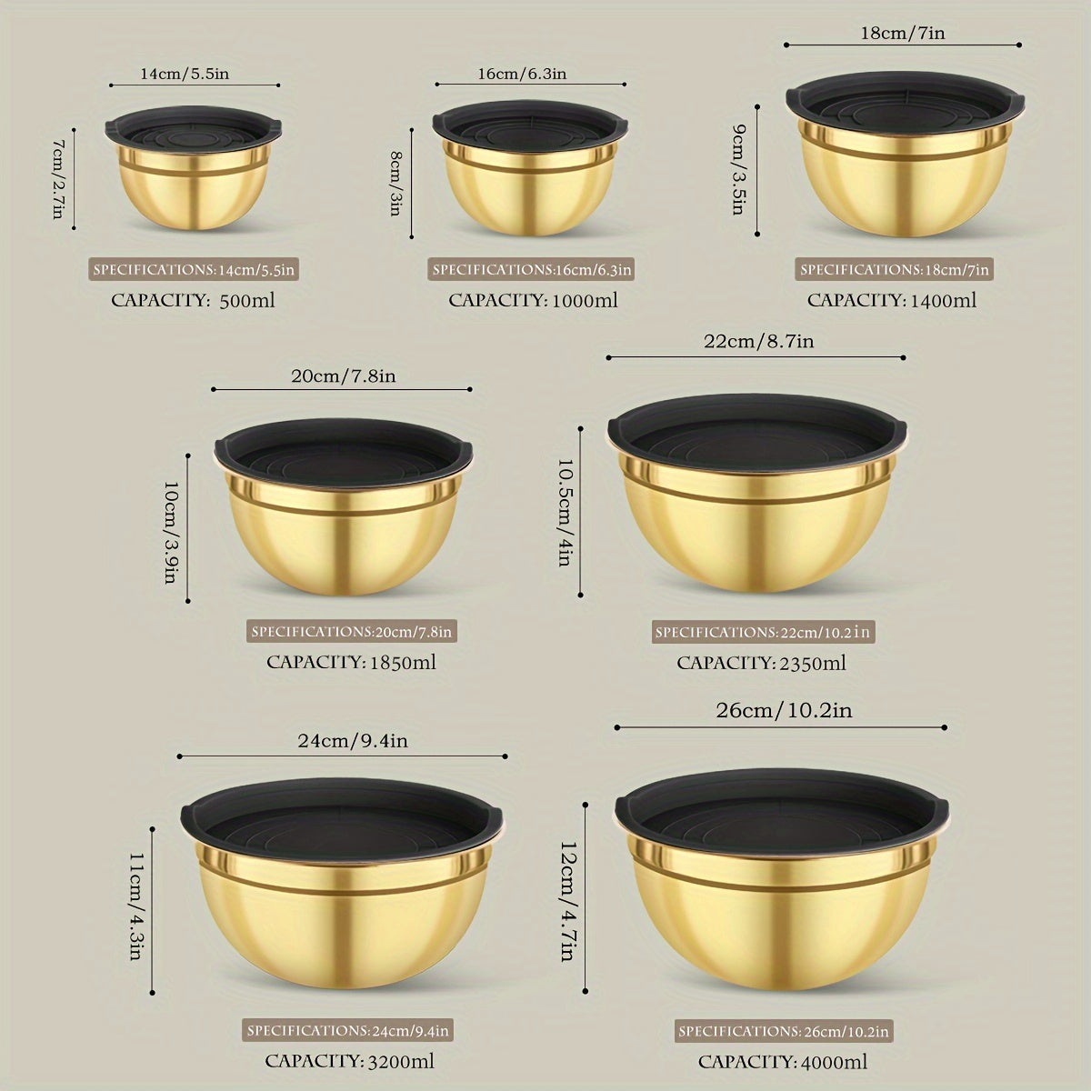 Stainless Steel Mixing Bowl Set with Lids, Gold, Various Sizes, Dishwasher Safe