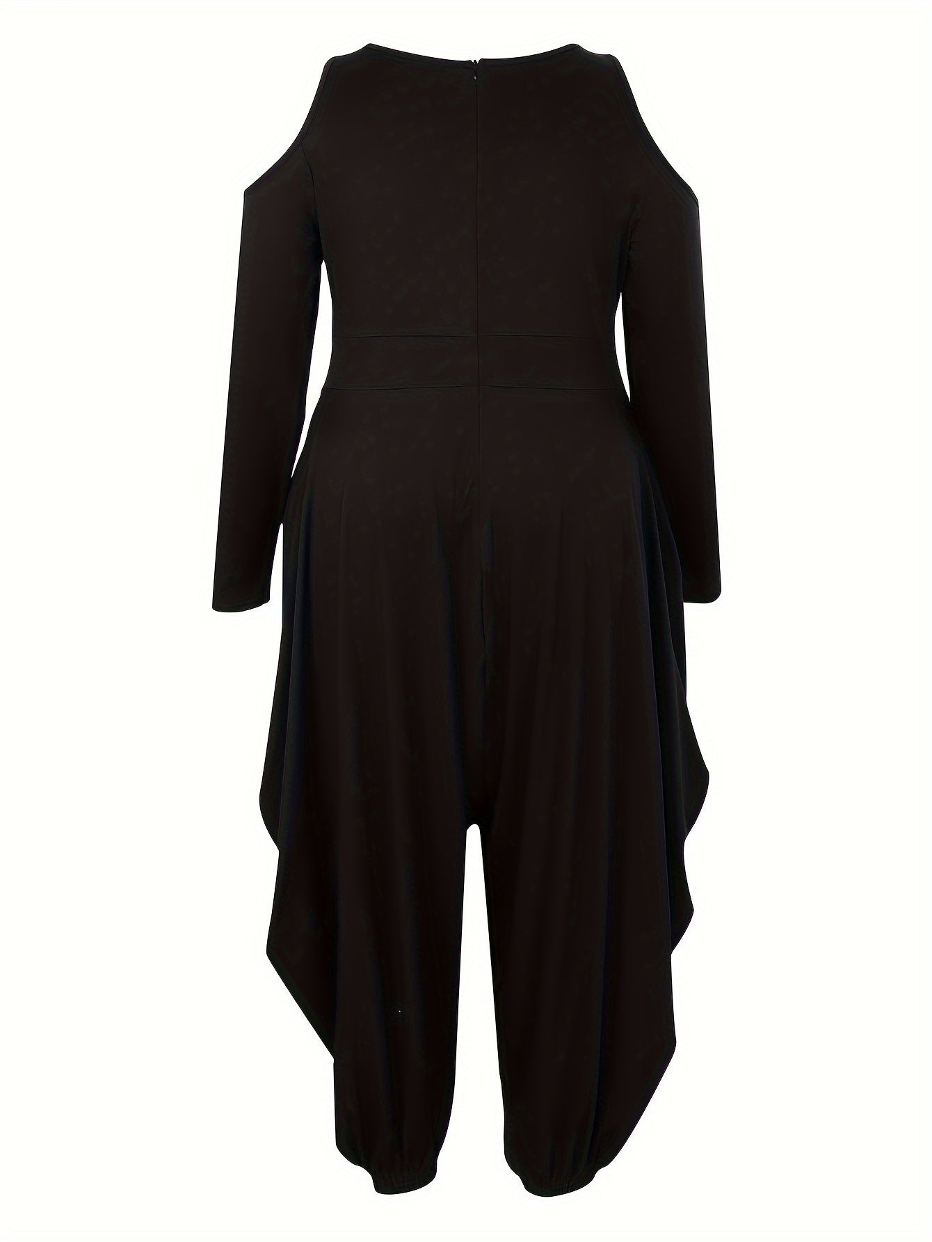 Mono largo de mujer talla grande negro con hombros descubiertos, manga larga y pierna ancha, casual y formal