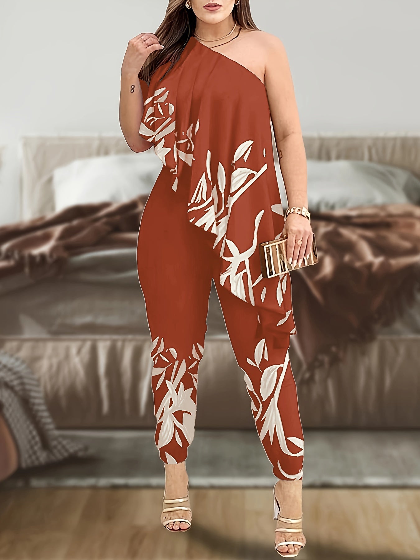 Women Sleeveless Jersey Jumpsuit with Ruffle Floral Print in Green