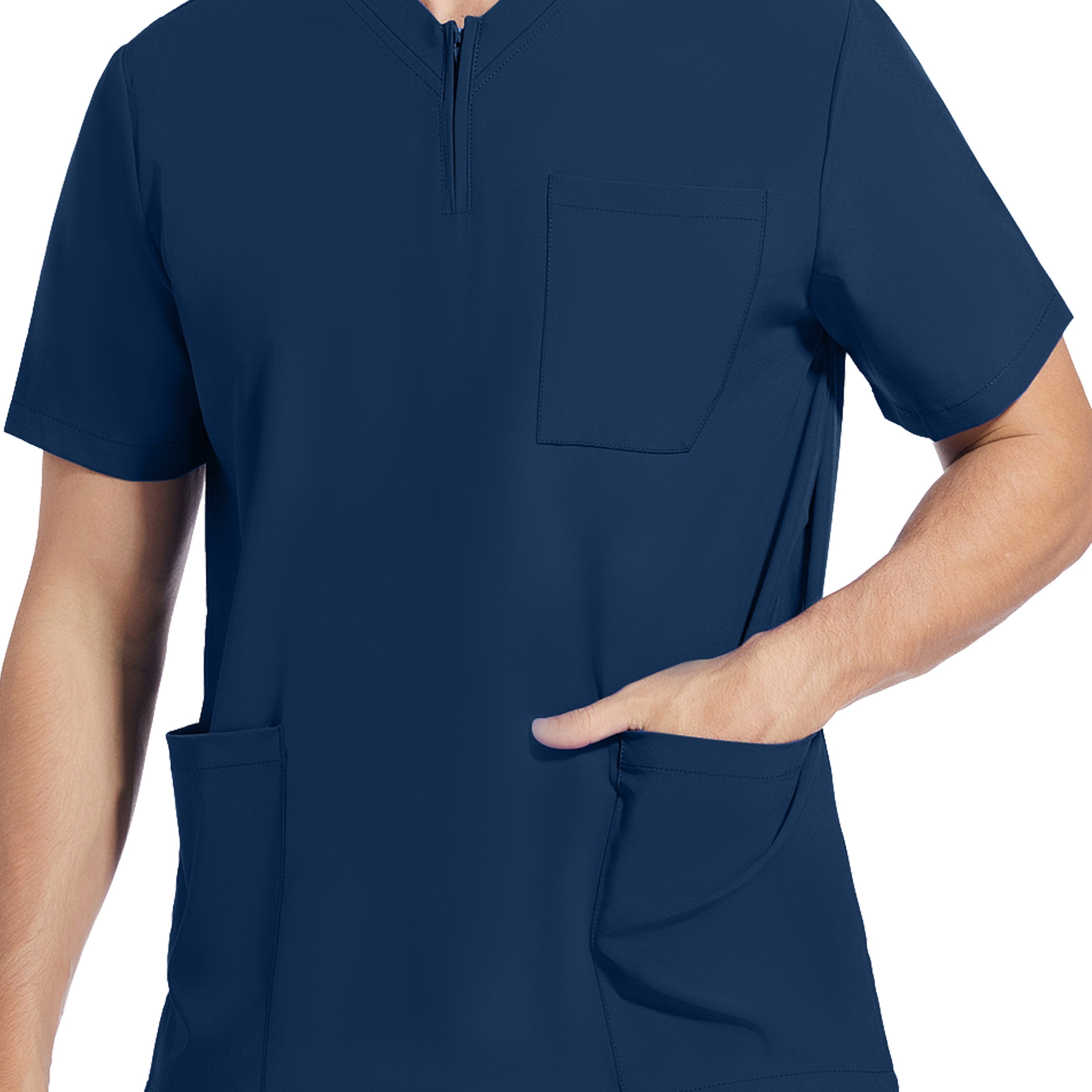 Men's Short Sleeve Stretch Work Uniform Lab Shirt with Pockets V-Neck Polyester