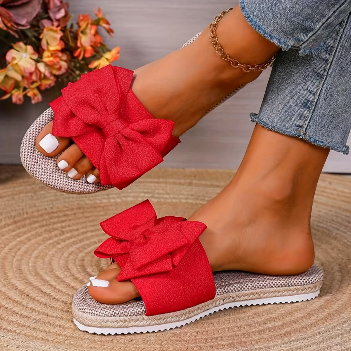 Women's Summer Sandals Flat Slides with Cushioned Insoles and Bow Design