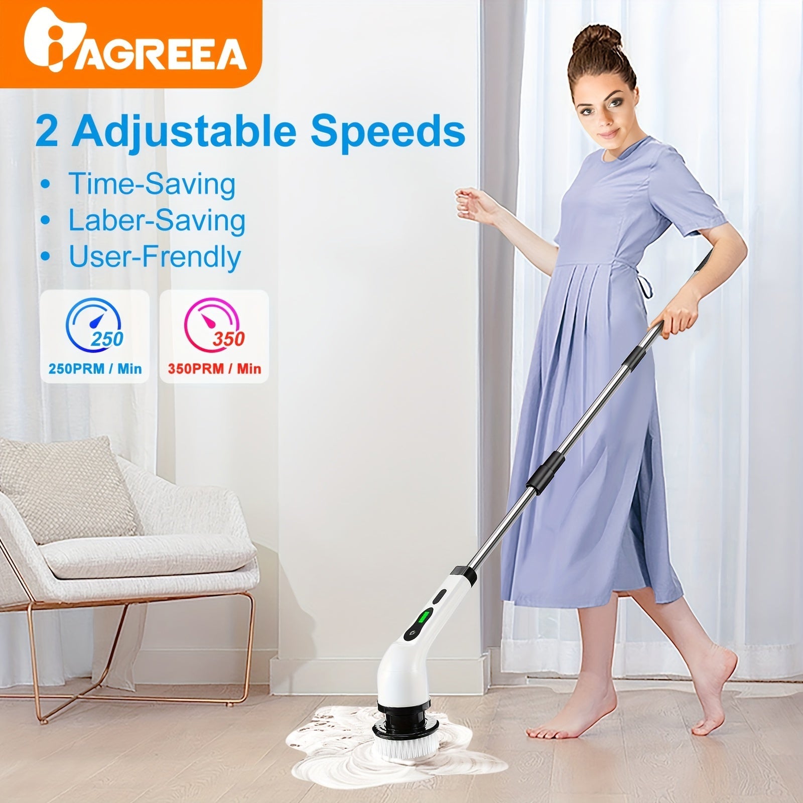 Electric Rotary Floor Scrubber with Wireless, 8 Brush Heads, Adjustable Handle