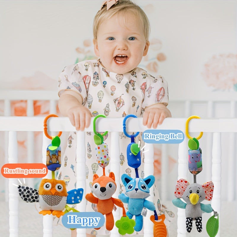 Baby Teething Toy Wind Chime with Cartoon Fox Cat Monkey Elephant Owl for Crib Car Seat