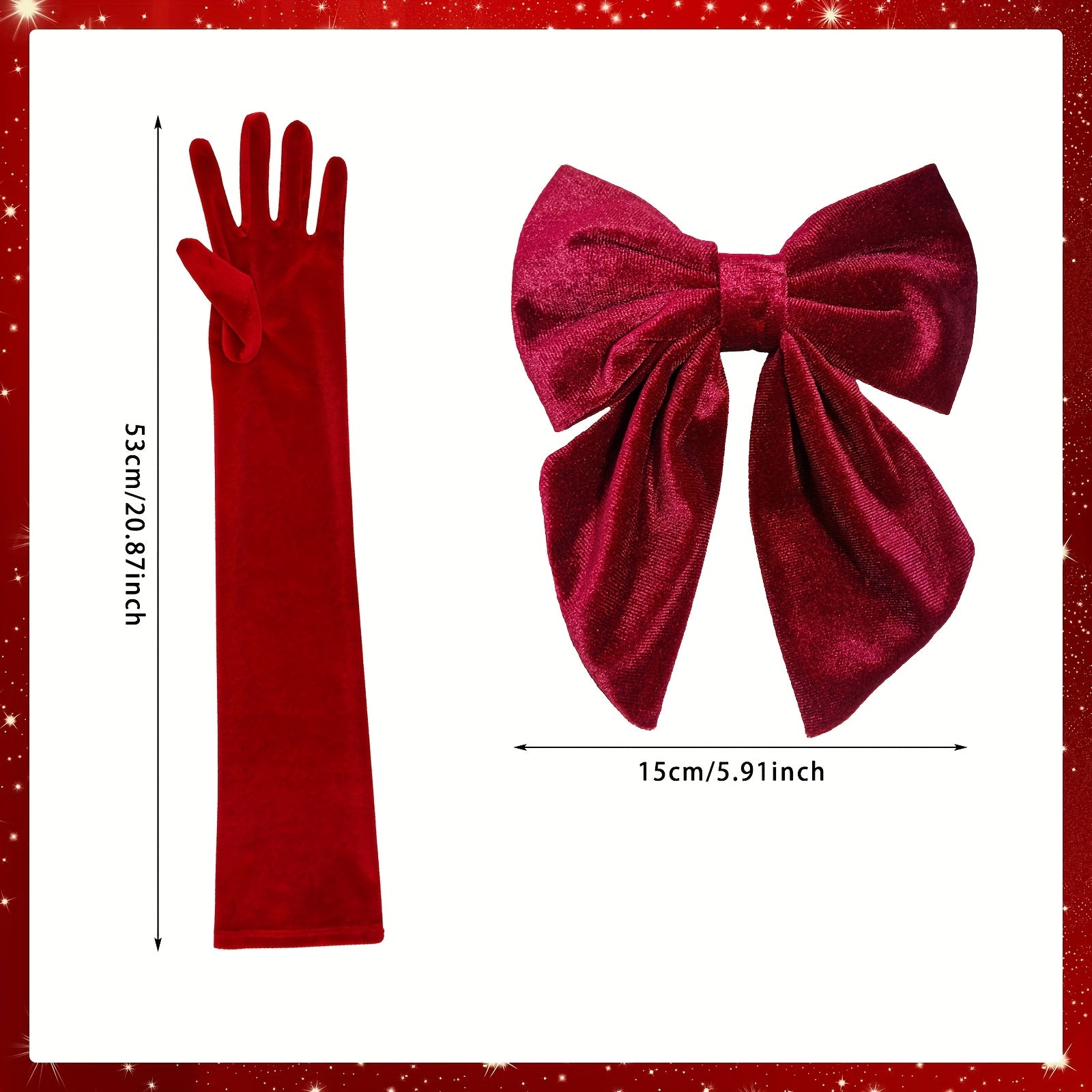 Set of 2 Red Velvet Long Gloves and Hair Bow Clips for Women Wedding Bridal Fancy Dress