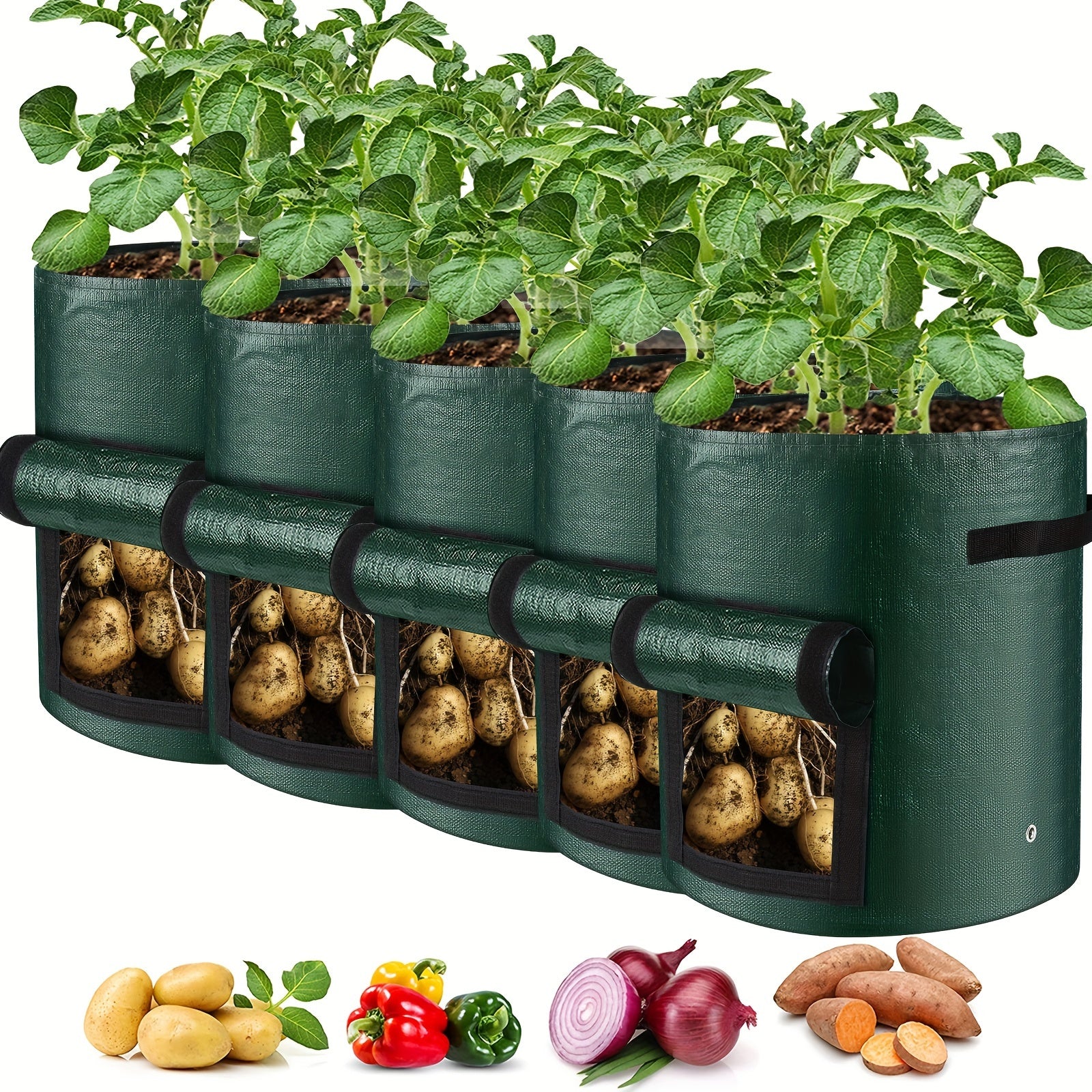 Pack de 5 bolsas de cultivo para patatas en el jardín de 26.5L a 37.85L con asas y solapa para verduras