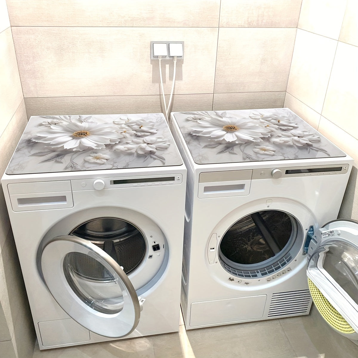 White Floral Print Dust Cover Mat for Microwave Refrigerator Washing Machine 50x60cm