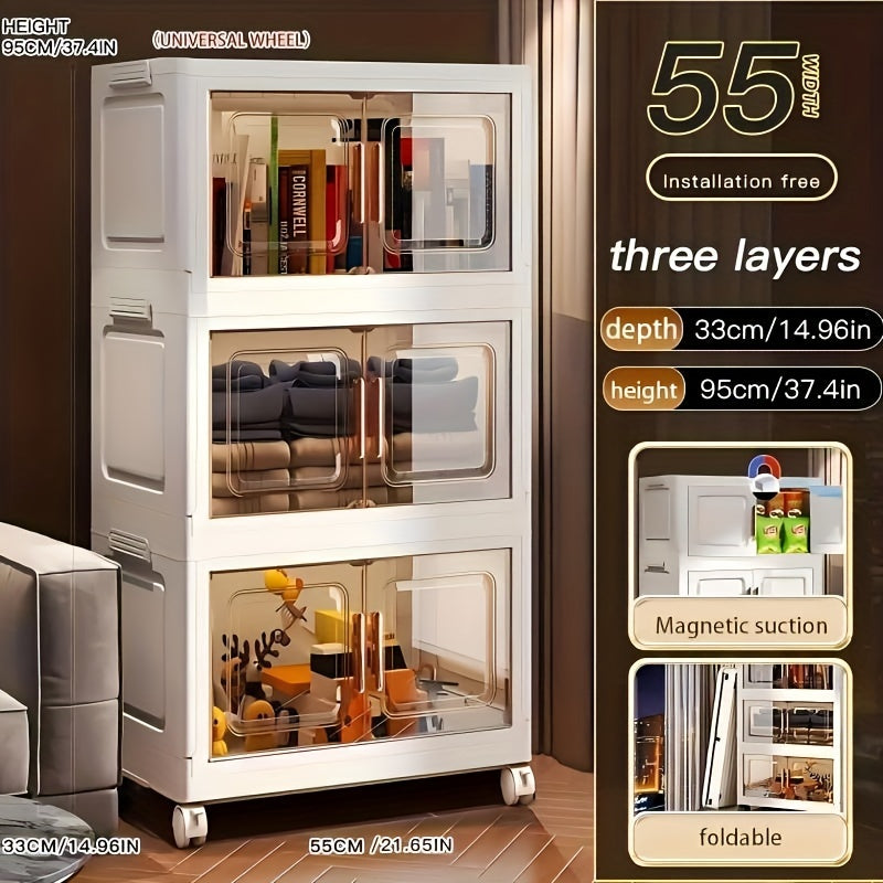 Foldable Storage Cabinet on Wheels Weatherproof Dustproof Bug-proof with Magnetic Doors for Home Use