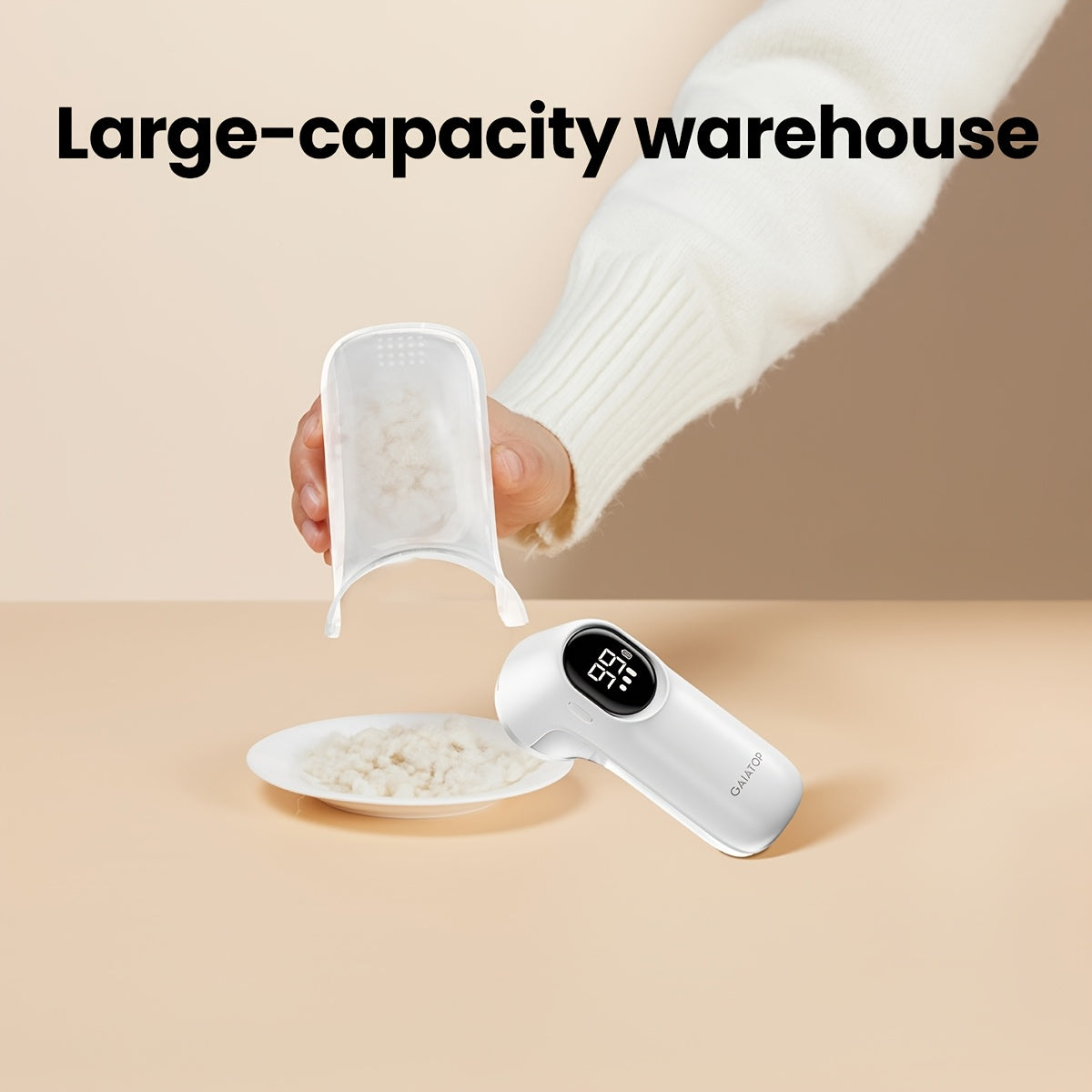 GAIATOP Matolar, divan, yotoqdan to'plarni olib tashlaydigan, raqamli ko'rsatkichga ega, 3 tezlikda ishlaydigan mato qirqish mashinasi. Ikkita almashtiriladigan pichoqni o'z ichiga oladi.