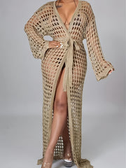 Women's Plus Size Crochet Cardigan with Tie Front Bell Sleeves Beige
